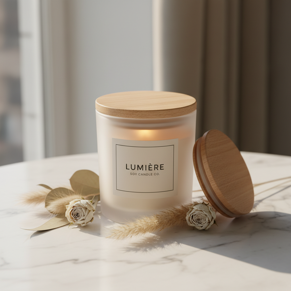 Aura Ember Luxury Soy Candle in frosted glass jar with wooden wick